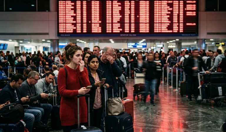 Crowded airport check-in area with travelers waiting, many seated with rolling suitcases while a woman in a red sweater stands at the front.