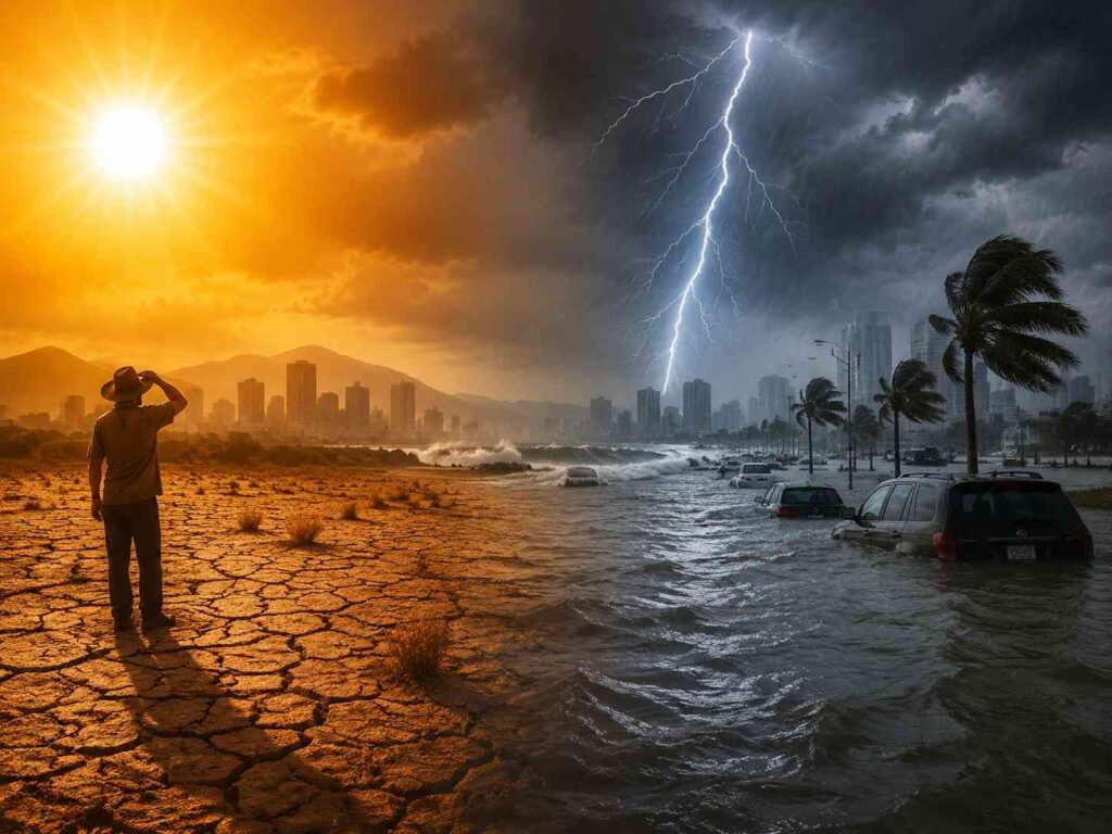 Man on cracked, dry ground under a scorching sun; a stormy, flooded city with lightning appears to the right.