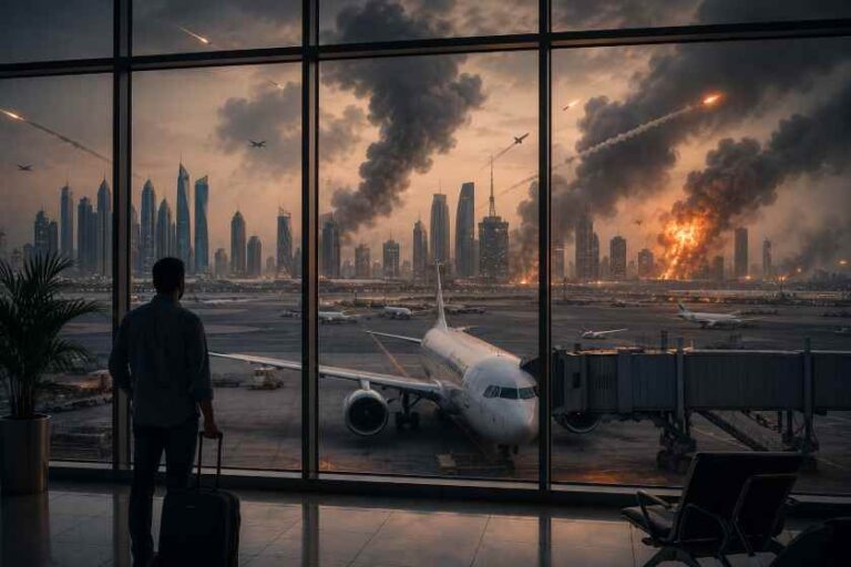 Traveler with a suitcase stands inside an airport terminal, watching a city skyline ablaze with explosions and smoke outside.