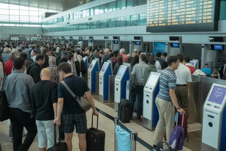 Crowded airport check-in area with travelers lining up at self-service kiosks and baggage on wheels.