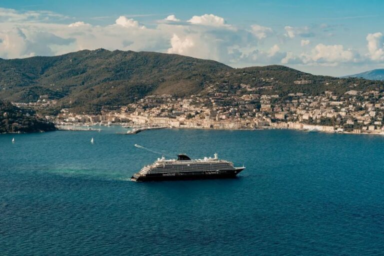 Cruise ship anchored near a coastal town with green hills in the background on a calm blue sea
