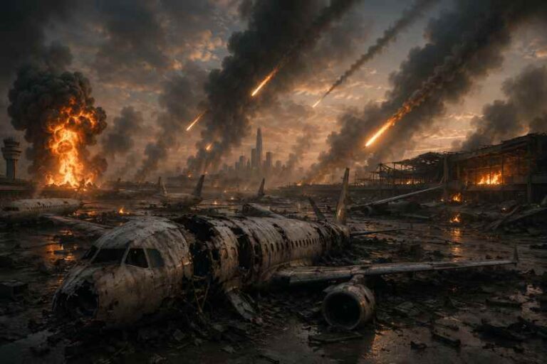 Charred airplane wreckage on a fiery battlefield with smoke, flames, and a distant burning city skyline under a stormy sky