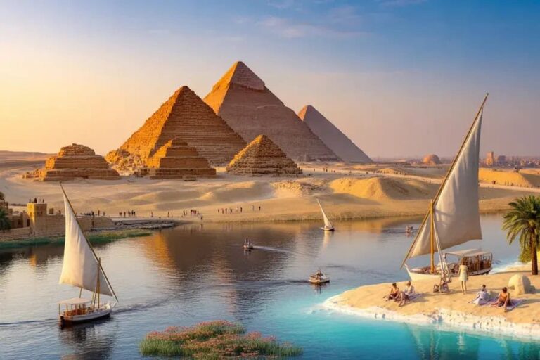 Sunlit pyramids rise behind a desert shore as a calm river hosts small sailboats and people on the sandy bank.