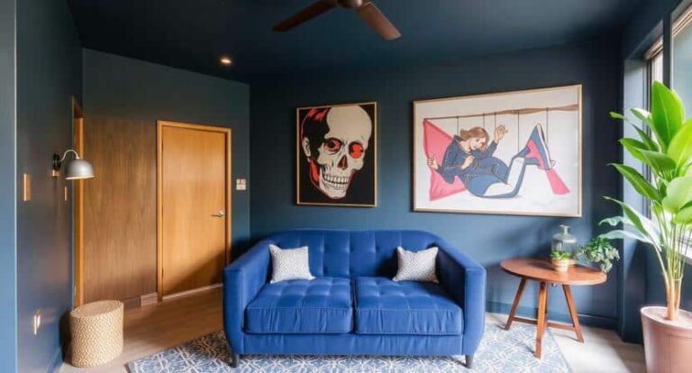 Living room with dark teal walls, a bright blue sofa, two framed prints (skull with red eyes and a superhero) above it, a round wooden side table with a plant, and a tall plant in the corner.