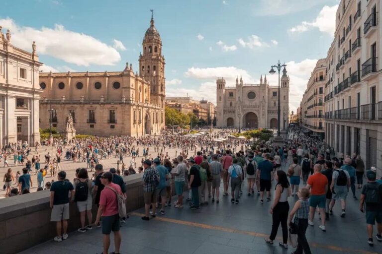 Crowded city square in front of a grand cathedral, with historic buildings along the sides and people walking about on a sunny day.