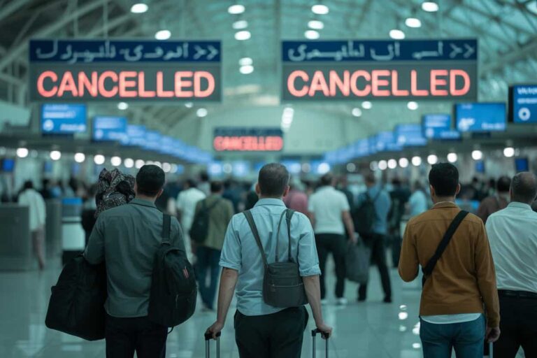 Busy airport terminal with large red 'CANCELLED' signs overhead and travelers carrying luggage in the foreground.