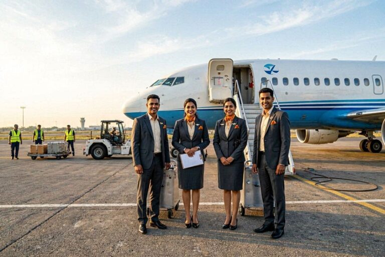 Four flight attendants in matching uniforms pose on the tarmac in front of a white and blue airplane, with luggage carts and ground crew in the background.