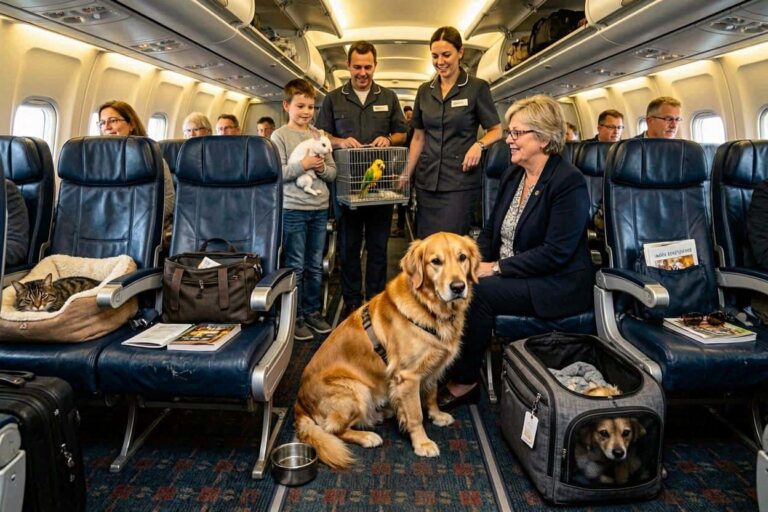 Golden retriever service dog sits in an airplane aisle while handlers and passengers with pets stand nearby. A parrot in a cage and a cat resting in a bed are visible.
