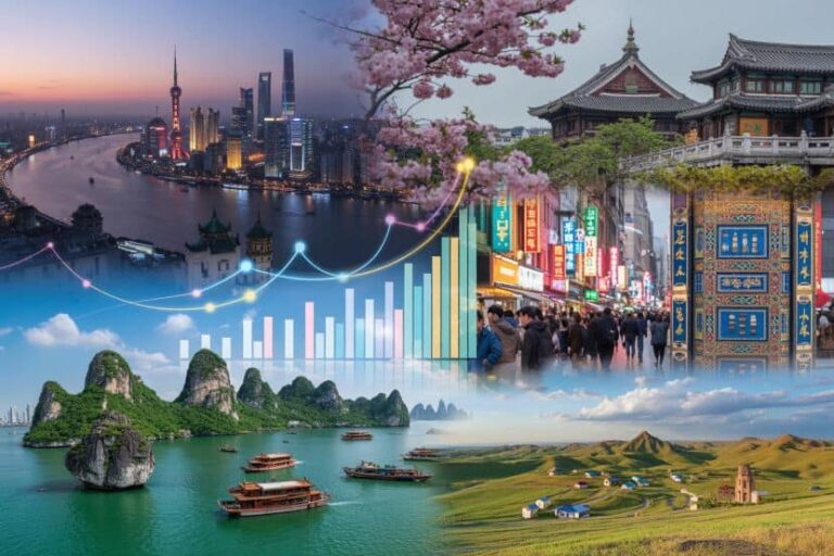 Composite image of Shanghai skyline at dusk, cherry blossoms, a traditional temple, a neon street market, and a karst coastline in one scene.