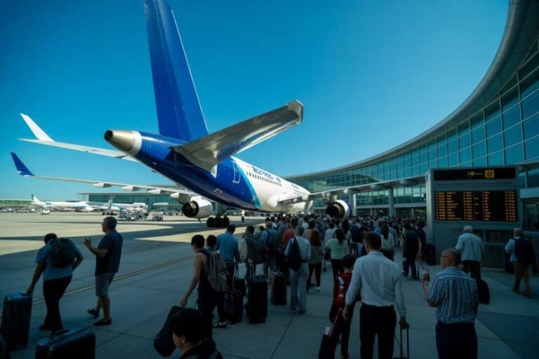 Large blue commercial airplane parked at a modern airport terminal with passengers boarding nearby.