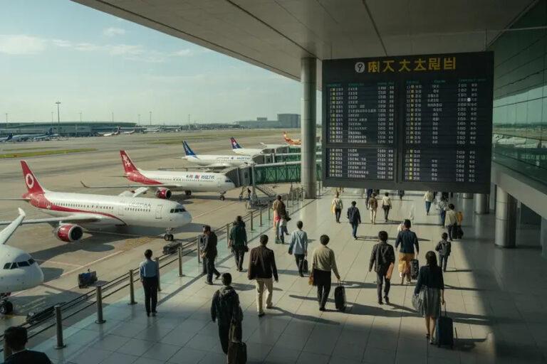 Passengers walk with rolling luggage through a bright airport terminal as several airplanes are docked at the gates outside and a large departure board looms overhead on the right, listing flights and times in Chinese characters and numbers.