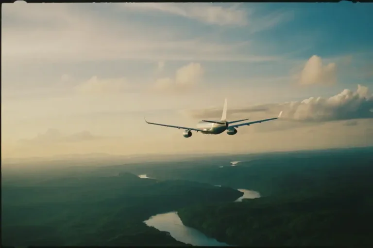 Airplane flying low over a winding river valley with green forests beneath and a hazy sky above