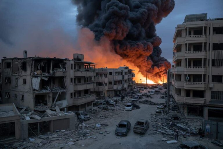 A war-torn city street with a huge fiery explosion and dark smoke rising behind ruined apartment buildings at dusk.