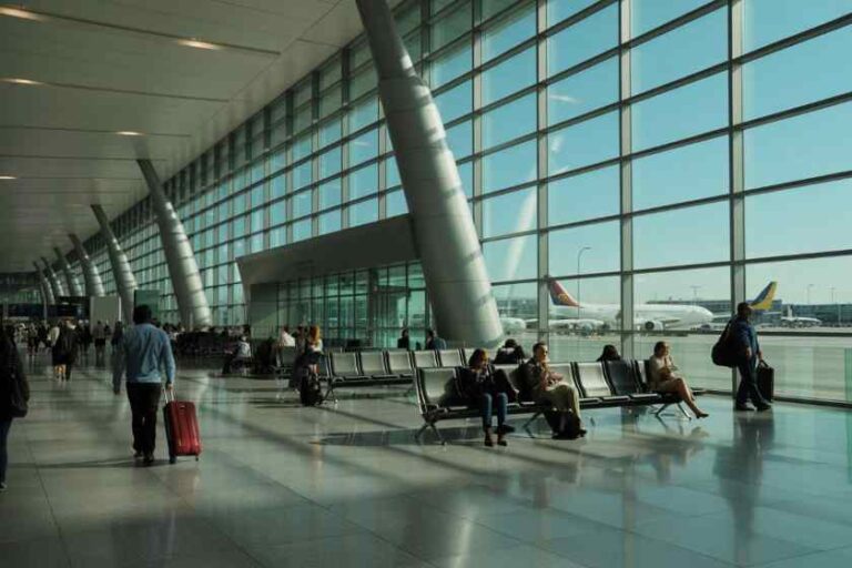 Busy airport terminal with glass walls, rows of seating, and planes visible on the tarmac outside.