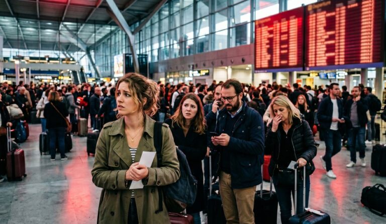 Crowded airport or train station concourse with travelers and luggage; woman in the foreground holds a ticket and looks anxious or unsure.