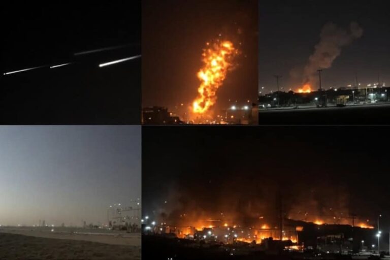 Six-panel collage: industrial fire scenes with towering flames and smoke at night, plus distant city lights and a daytime beach view.