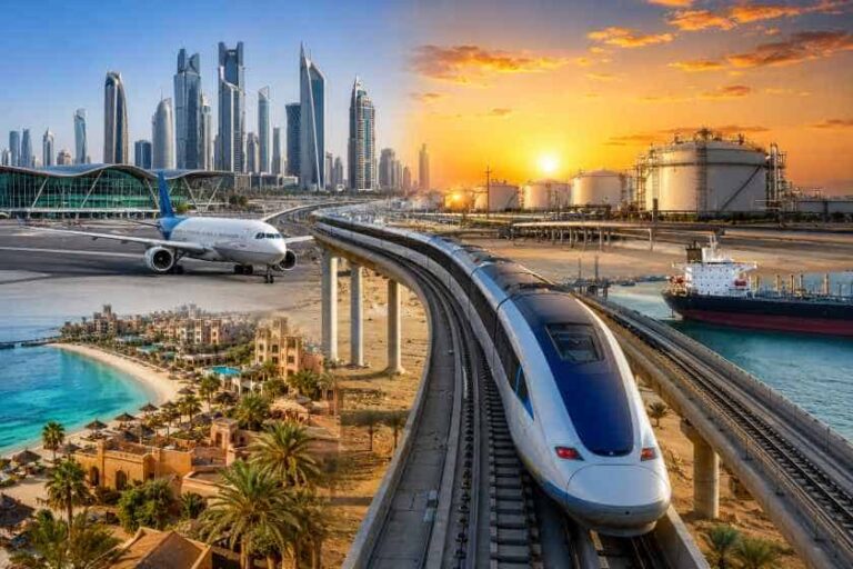 Sunset over a modern city skyline with a high-speed train on an elevated track, an airplane on the runway, and a harbor with ships nearby.