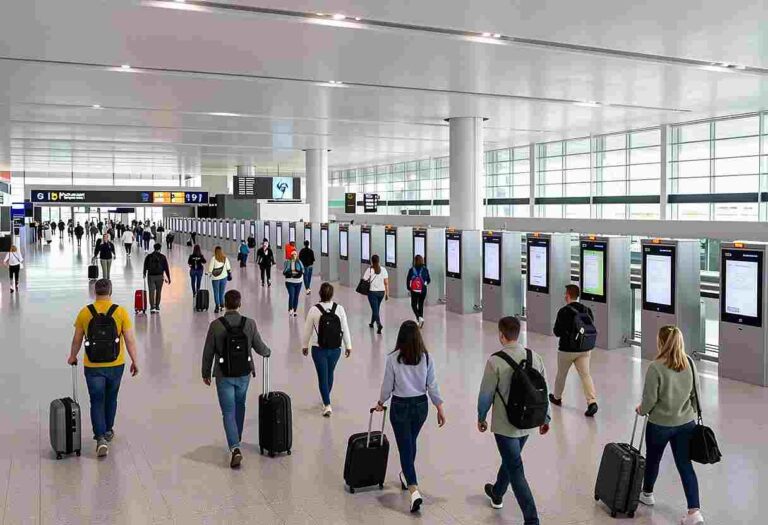 People with rolling suitcases walk through a modern airport terminal past a row of self-service kiosks.