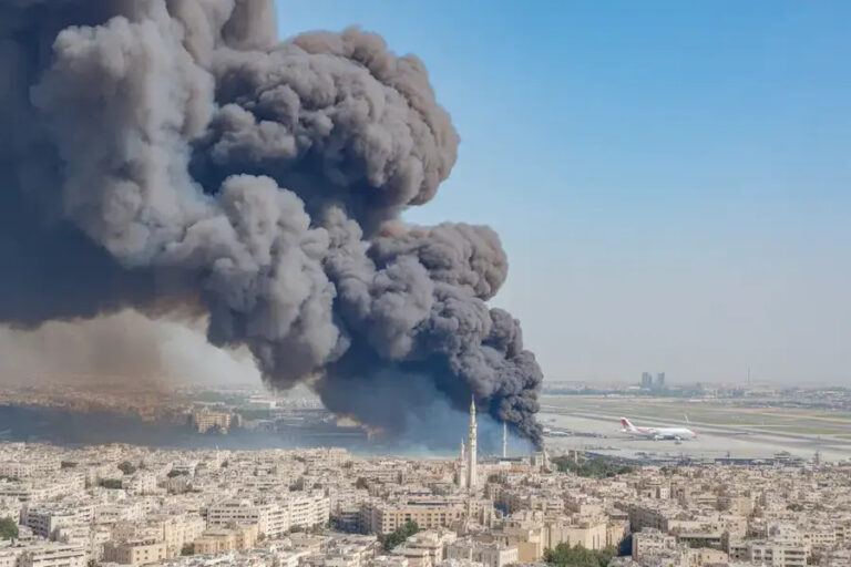 Massive dark smoke plume rising above a city near an airport, with a white airplane on the runway in the distance.
