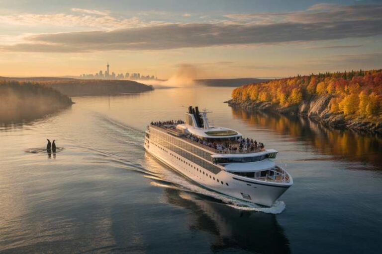 A large white cruise ship gliding along a calm river at sunset, with autumn-colored trees lining the banks and a distant city skyline.