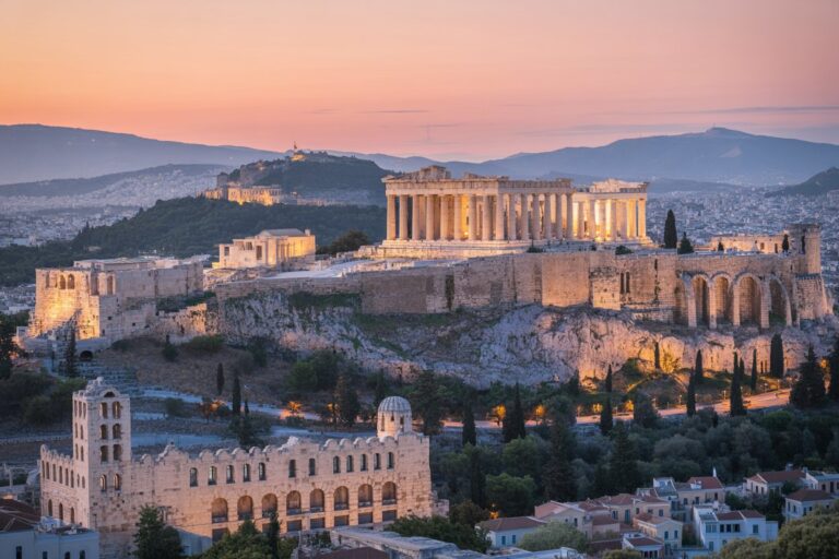Sunset over Athens with the Parthenon illuminated on the Acropolis and surrounding ancient ruins atop a rocky hill.