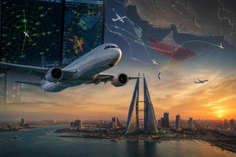 Airplane flying over a city skyline at sunset with radar screens visible in the background.