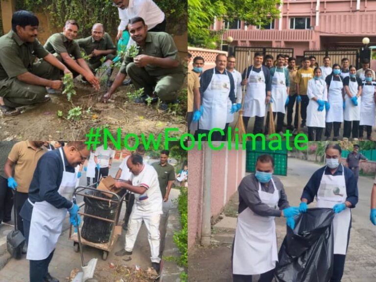 collage of volunteers cleaning streets, planting saplings, and collecting trash to support climate action, with #NowForClimate displayed across the image