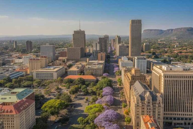Aerial view of a downtown city street lined with purple jacaranda trees and surrounding high-rise buildings under a clear blue sky.