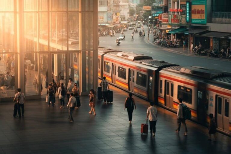 People with luggage walk along a train platform beside a glass station as a red-and-yellow metro train arrives at dusk/sunset.