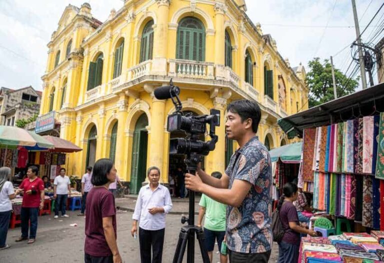 Filmmaker operating a camera on a stabilizer in a sunny street market beside a bright yellow colonial building.