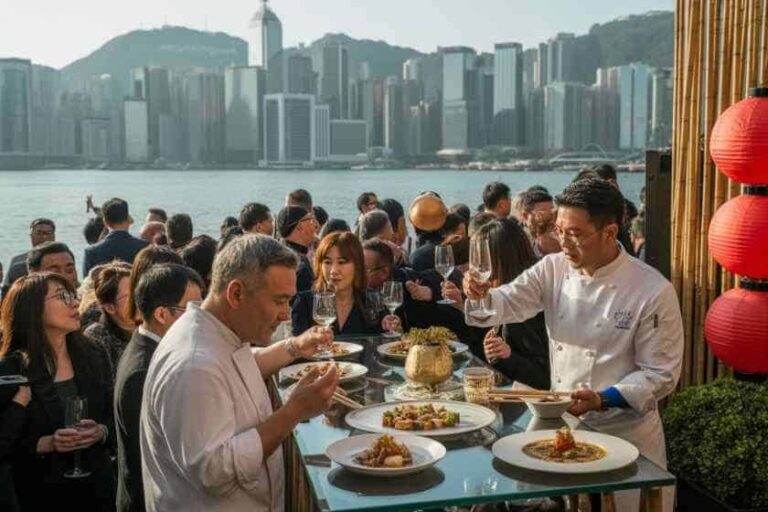 Group of guests at a rooftop dinner toasting with wine, with a city skyline in the background.