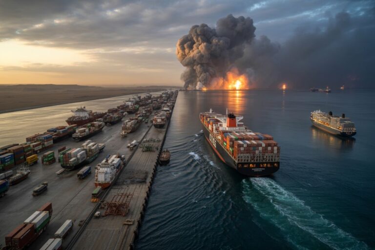 Container ships docked at a busy port as a massive fire and smoke plume explode from a vessel in the water nearby at dusk.