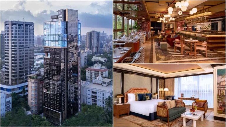 A collage: glass-clad skyscraper in a city, a stylish restaurant interior with warm lighting, and a luxurious hotel suite with a plush bed and seating area.