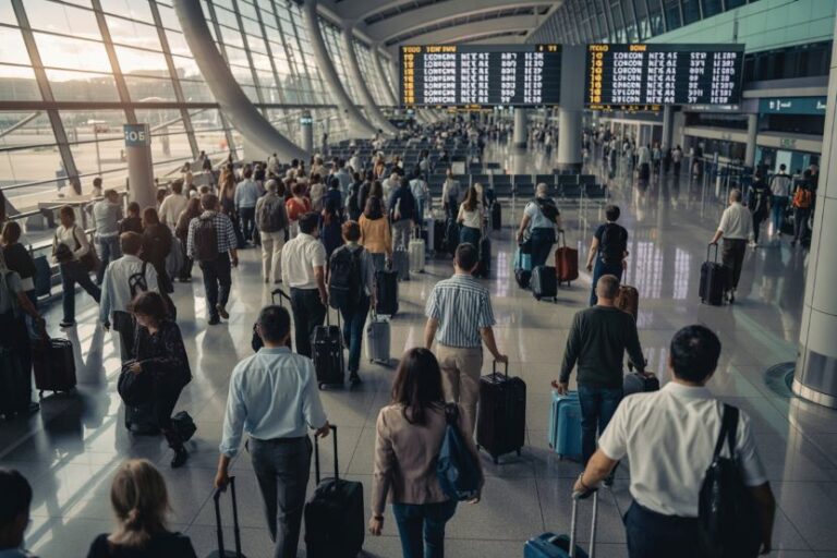 Busy airport departure hall filled with travelers pulling suitcases toward the flight boards.