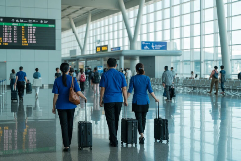 Three airline staff in blue uniforms walk through a bright airport terminal with rolling suitcases.