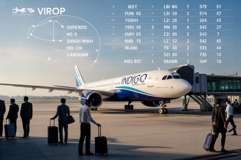 Indigo airplane at a boarding bridge on the tarmac as passengers with rolling luggage walk by, with a blue sky and faint flight-route graphics overlaying the scene