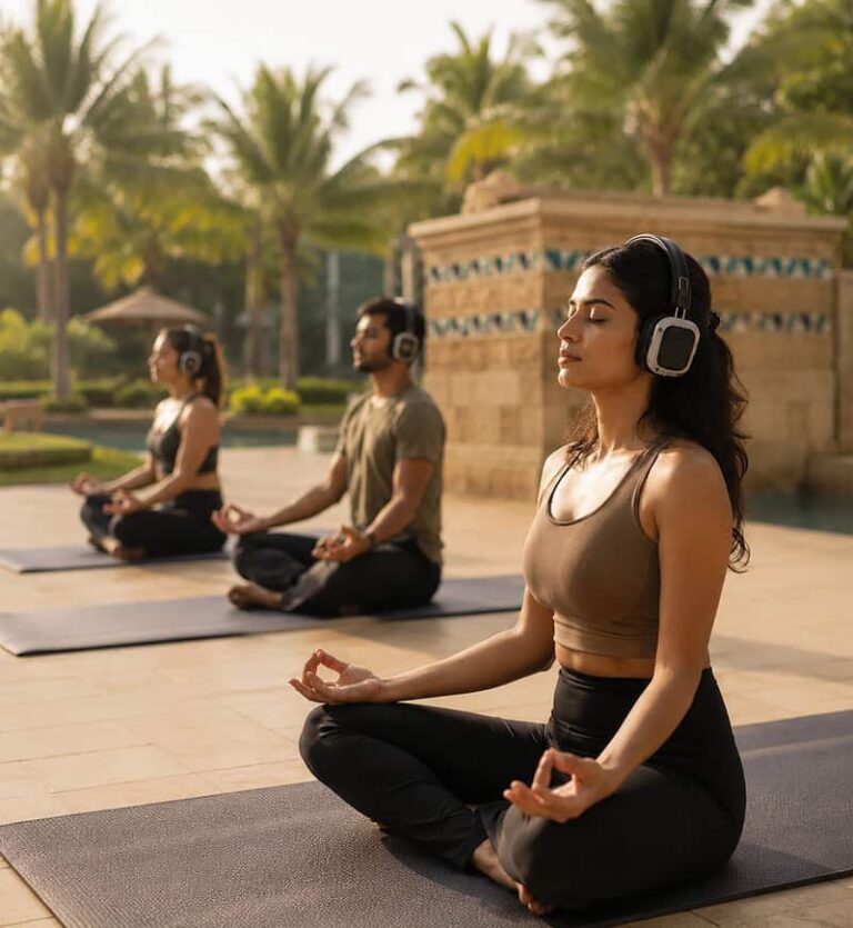 Group of people in yoga poses wearing headphones on mats outdoors, meditating amid palm trees and a sunny courtyard.