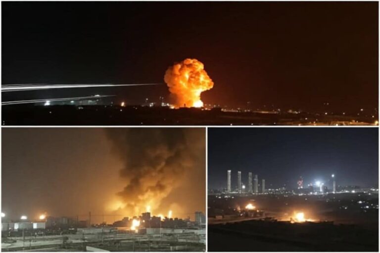 Nighttime collage of an industrial explosion: large orange flame and smoke rising from a distant facility, with city lights in the background on the horizon.