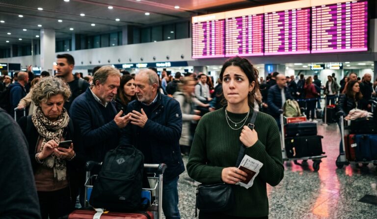 Young woman in a green sweater holding boarding passes stands in a crowded airport terminal with luggage around her.
