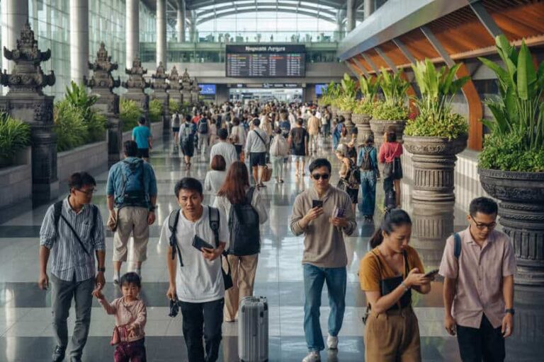 Busy airport terminal with travelers walking, some looking at phones, and a large arrivals/departures board in the background.