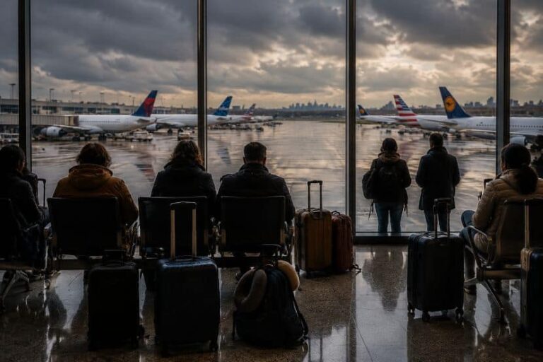 Passengers sit with suitcases in a terminal, watching airplanes on the tarmac through large windows.
