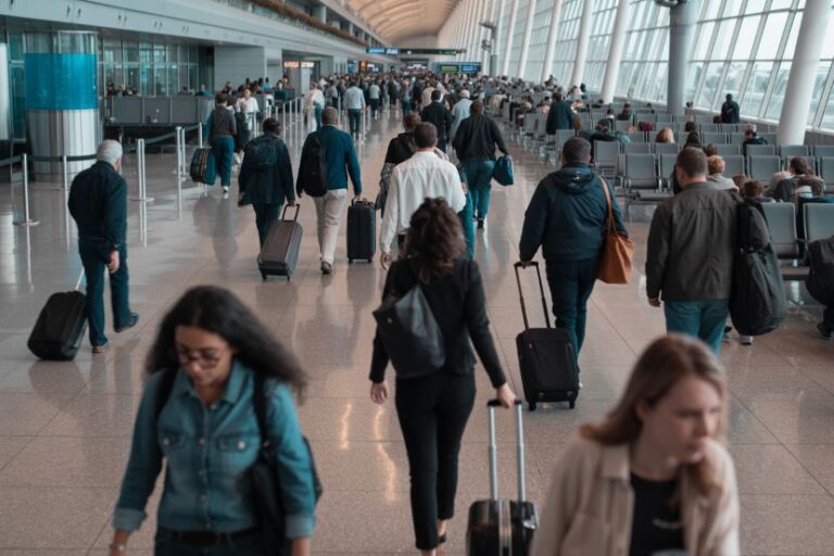 Crowded airport concourse filled with travelers pulling wheeled suitcases and backpacks.