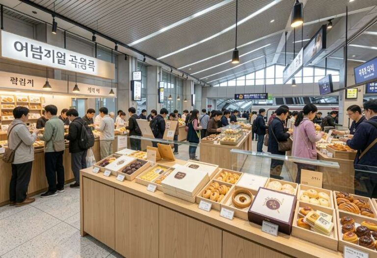 Busy bakery interior with many customers browsing pastries on wooden display tables under bright lights in a Korean market setting.