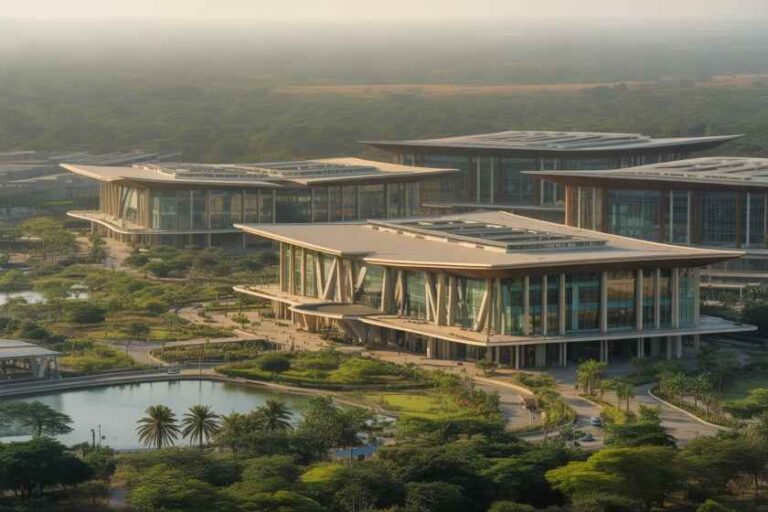 Aerial view of modern glass-and-concrete buildings on a landscaped campus with a pond and palm trees nearby.