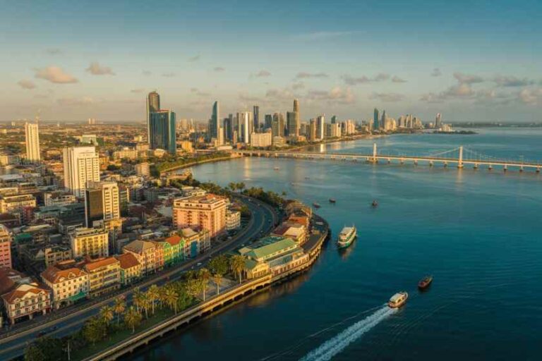 Aerial view of a coastal city skyline at sunset, with a bay, a long bridge, and boats on calm water.