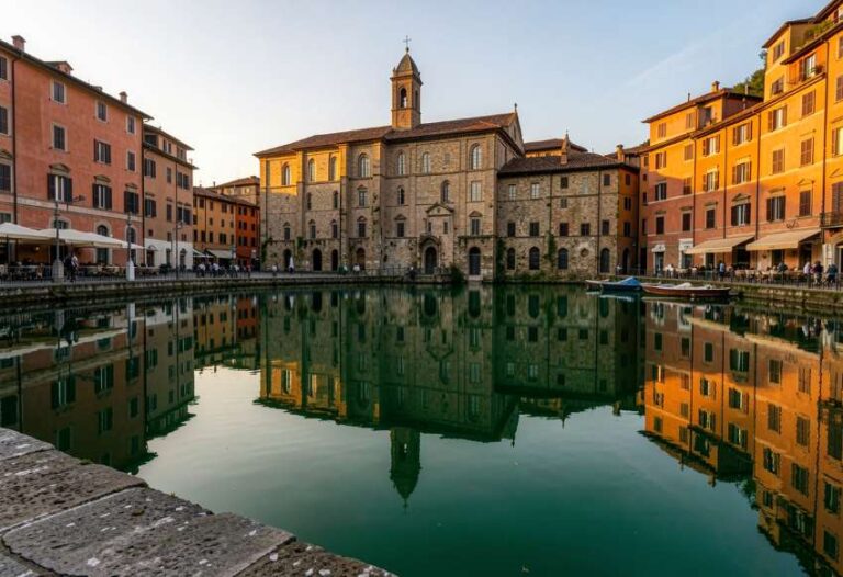 Historic stone church with a bell tower on a canal, surrounded by warm orange buildings and their reflection in calm water.