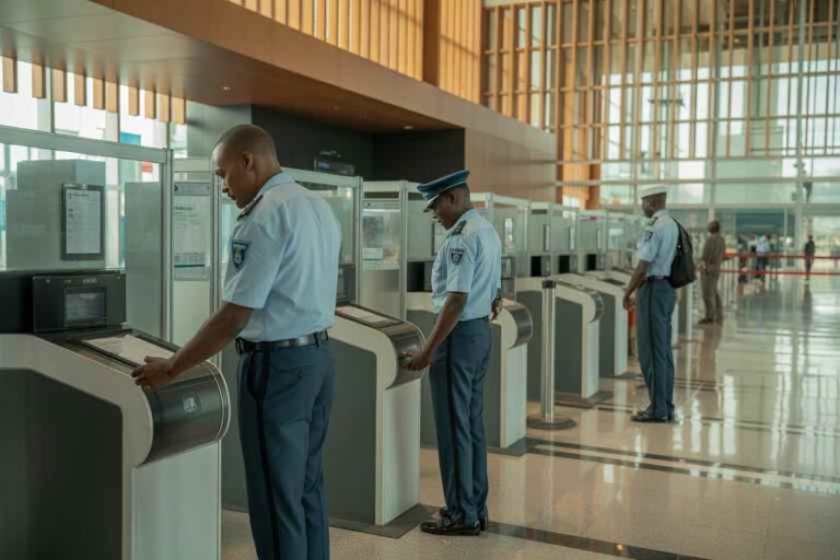 Airport security officers operating biometric gates at a row of processing machines in a modern terminal