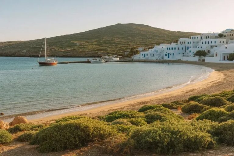 White-washed buildings line the water's edge along a curved sandy beach with a small harbor and sailboat.