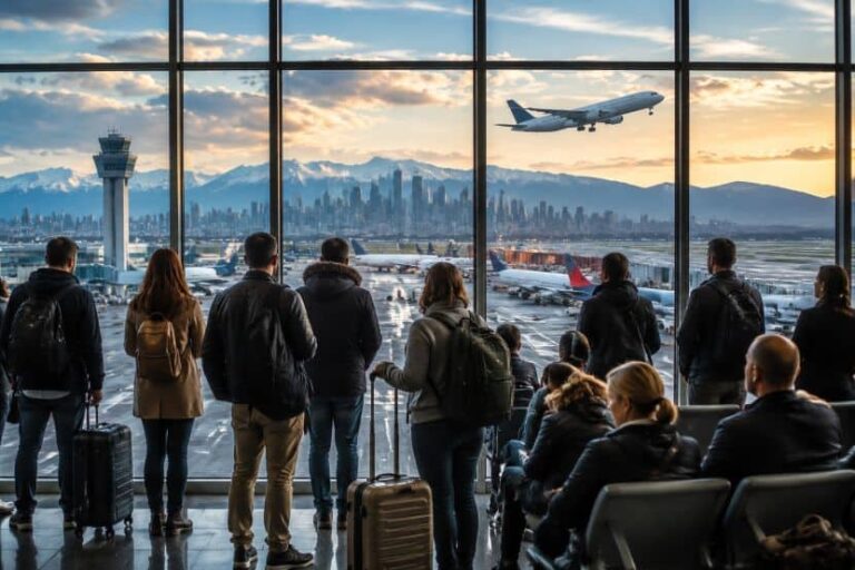 Group of travelers with rolling suitcases standing by a large glass window, watching planes take off as the sun sets over the airport and distant city skyline.