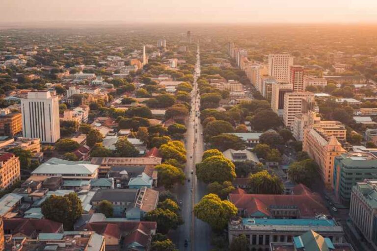 Aerial view of a city with a tree-lined central boulevard extending to the horizon at sunset, flanked by buildings on both sides.